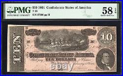 T-68 1864 $10 Confederate Currency Pmg 58 Epq CIVIL War Bill 67006