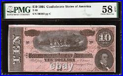 T-68 1864 $10 Confederate Currency Pmg 58 Epq CIVIL War Note 106869