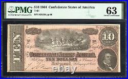 T-68 1864 $10 Confederate Currency Pmg 63 CIVIL War Note 62455