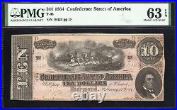 T-68 1864 $10 Confederate Currency Pmg 63 Epq CIVIL War Bill 18330