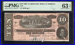 T-68 1864 $10 Confederate Currency Pmg 63 Epq CIVIL War Note 20438