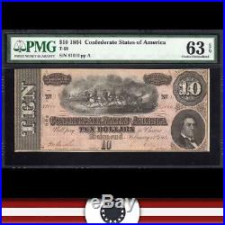 T-68 1864 $10 Confederate Currency Pmg 63 Epq CIVIL War Note 81010