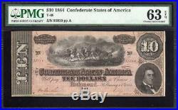T-68 1864 $10 Confederate Currency Pmg 63 Epq CIVIL War Note 81010