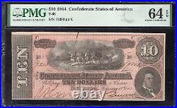 T-68 1864 $10 Confederate Currency Pmg 64 Epq CIVIL War Bill 19203