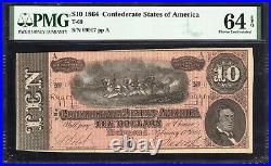 T-68 1864 $10 Confederate Currency Pmg 64 Epq CIVIL War Bill 69917