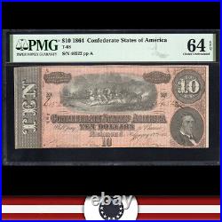 T-68 1864 $10 Confederate Currency Pmg 64 Epq CIVIL War Note 40522