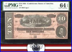 T-68 1864 $10 Confederate Currency Pmg 64 Epq CIVIL War Ten Dollar Bill 40573 T-68 1864 $10 Confederate Currency Pmg 64 Epq CIVIL War Ten Dollar Bill 40573