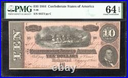 T-68 1864 $10 Confederate Currency Pmg 64 Epq CIVIL War Ten Dollar Bill 40573 T-68 1864 $10 Confederate Currency Pmg 64 Epq CIVIL War Ten Dollar Bill 40573