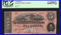 T-69 1864 $5 CONFEDERATE STATES Paper Money Civil War CSA Note PCGS 64 PPQ 73984
