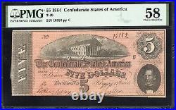 T-69 1864 $5 Confederate Currency Pmg 58 CIVIL War Note 16182