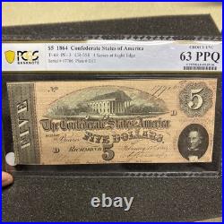 T-69 1864 $5 Confederate Currency Pmg 63 Epq CIVIL War Note 63535
