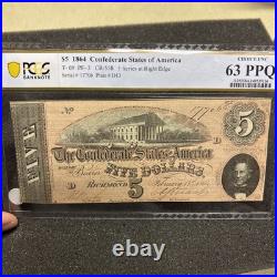 T-69 1864 $5 Confederate Currency Pmg 63 Epq CIVIL War Note 63535