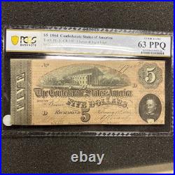 T-69 1864 $5 Confederate Currency Pmg 63 Epq CIVIL War Note 63535