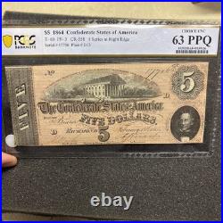 T-69 1864 $5 Confederate Currency Pmg 63 Epq CIVIL War Note 63535