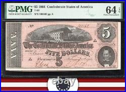 T-69 1864 $5 Confederate Currency Pmg 64 Epq CIVIL War Note 100162