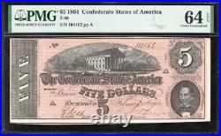 T-69 1864 $5 Confederate Currency Pmg 64 Epq CIVIL War Note 100162