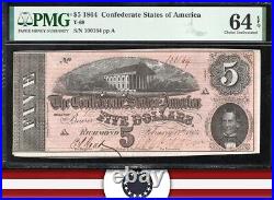 T-69 1864 $5 Confederate Currency Pmg 64 Epq CIVIL War Note 100164
