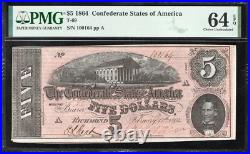 T-69 1864 $5 Confederate Currency Pmg 64 Epq CIVIL War Note 100164