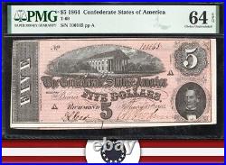 T-69 1864 $5 Confederate Currency Pmg 64 Epq CIVIL War Note 100165 T-69 1864 $5 Confederate Currency Pmg 64 Epq CIVIL War Note 100165