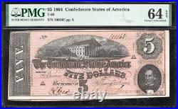 T-69 1864 $5 Confederate Currency Pmg 64 Epq CIVIL War Note 100165