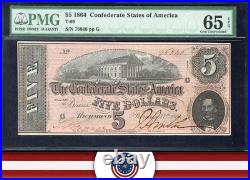 T-69 1864 $5 Confederate Currency Pmg 65 Epq CIVIL War Note Five Dollar Bill Gem
