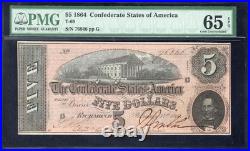 T-69 1864 $5 Confederate Currency Pmg 65 Epq CIVIL War Note Five Dollar Bill Gem
