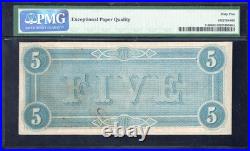 T-69 1864 $5 Confederate Currency Pmg 65 Epq CIVIL War Note Five Dollar Bill Gem