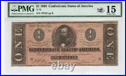 T-71 $1 1864 Confederate States Currency Banknote Civil War Money, PMG Ch F 15