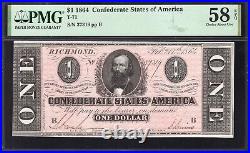 T-71 1864 $1 Confederate Currency Pmg 58 Epq CIVIL War Note 37319