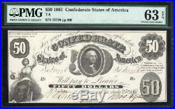 T-8 1861 $50 Confederate Currency Pmg 63 Epq CIVIL War Money 32776