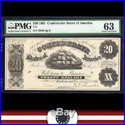 T-9 1861 $20 Confederate Currency CIVIL War Note Pmg 63 49455