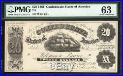 T-9 1861 $20 Confederate Currency CIVIL War Note Pmg 63 49455