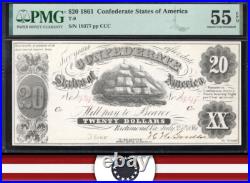 T-9 1861 $20 Confederate Currency Pmg 55 Epq CIVIL War Bill 19377