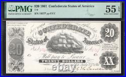 T-9 1861 $20 Confederate Currency Pmg 55 Epq CIVIL War Bill 19377
