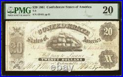 T-9 $20 1861 Confederate States Banknote Civil War Confederacy Money, PMG VF 20