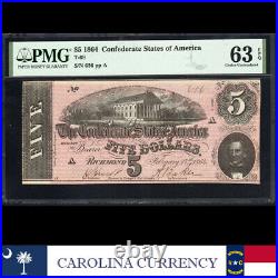 Three Digit T-69 1864 $5 Confederate Currency Pmg 63 Epq CIVIL War Note 656