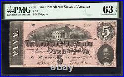 Three Digit T-69 1864 $5 Confederate Currency Pmg 63 Epq CIVIL War Note 656