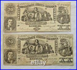 Two 1861 $20 Dollar Bills VA Confederate States Civil War Currency Paper Money