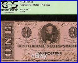Unc 1863 $1 Dollar Bill Confederate States Currency CIVIL War Note T-62 Pcgs Ppq