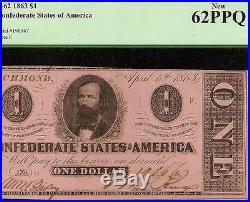 Unc 1863 $1 Dollar Bill Confederate States Currency CIVIL War Note T-62 Pcgs Ppq