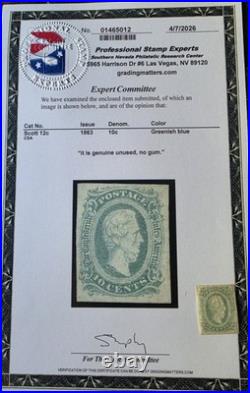 US CONFEDERATE STAMP 1863 10c SC# CSA#12c IMPERF, GRENISH BLUE PSE CERT