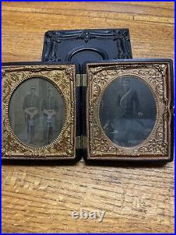 US Civil War Tintype Double Photo Armed Confederate Militia Union Rare Clean