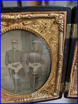 US Civil War Tintype Double Photo Armed Confederate Militia Union Rare Clean