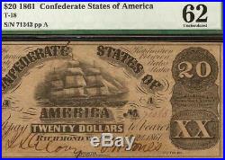 Unc 1861 $20 Dollar Confederate States Currency CIVIL War Note Money T-18 Pmg 62