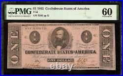Unc 1862 $1 Dollar Confederate States Currency CIVIL War Note Money T-55 Pmg