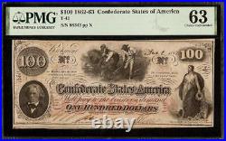 Unc 1862 $100 Bill Confederate States Currency CIVIL War Hoer Note T-41 Pmg 63