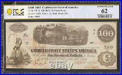 Unc 1862 $100 Bill Confederate States Currency CIVIL War Note Money T40 Pcgs 62