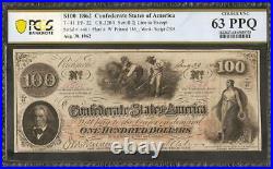 Unc 1862 $100 Confederate States Currency CIVIL War Hoer Note T-41 Pcgs 63 Ppq