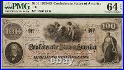 Unc 1862 $100 Confederate States Currency CIVIL War Hoer Note T-41 Pmg 64 Epq