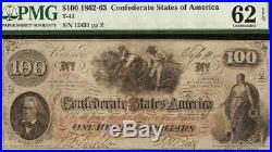 Unc 1862 $100 Dollar Bill Confederate States Note CIVIL War Money T41 Pmg 62 Epq